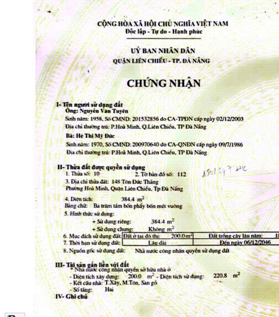 Phần thông tin giấy chứng nhận 148 Tôn Đức Thắng